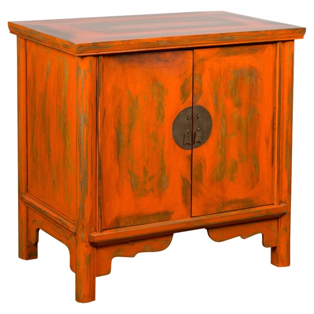 Chinese Late Qing Dynasty Elm Side Cabinet with Custom Orange Lacquer For Sale - Image 13 of 13