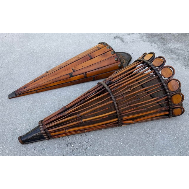 Late 20th Century Vintage Sculptural Rattan and Bamboo Wall Pockets, a Coordinated Pair For Sale - Image 5 of 11