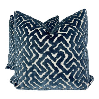 Kravet Tribal Cut Velvet in Blue 22" Pillows-A Pair For Sale