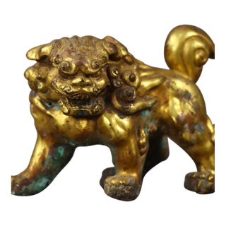 Antique Gilt Bronze Guardian Lion – 3.1" Foo Dog Statue With Verdigris Patina For Sale
