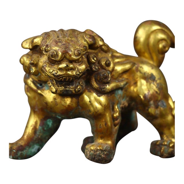 Antique Gilt Bronze Guardian Lion – 3.1" Foo Dog Statue With Verdigris Patina For Sale