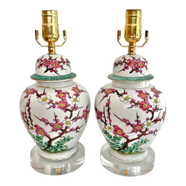 Mid 20th Century Chinese Plum Blossom Temple Jar Table Lamp on Lucite Bases - a Pair For Sale