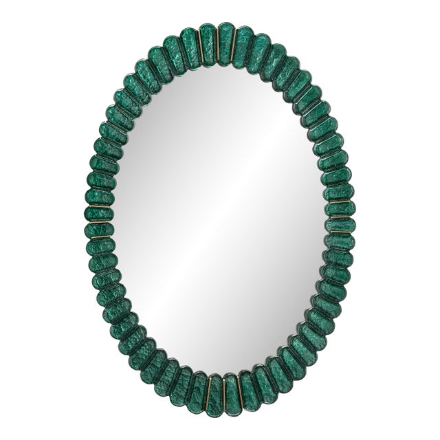Italian Original Murano Glass | Oval Mirror With Green Frame and Brass Details | Biscuits For Sale