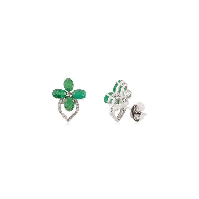Emerald Clover Bloom With Diamond Heart Drop Dainty Earrings- 2 Pieces For Sale - Image 4 of 10