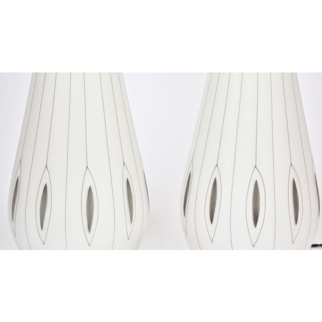 Mid 20th Century Frosted White Glass Table Lamps With Hand Painted Silver Overlay - A Pair For Sale - Image 9 of 12