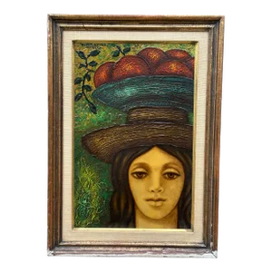 Edelmira Marquez 1964 Oil on Board Painting of a Young Woman, Framed