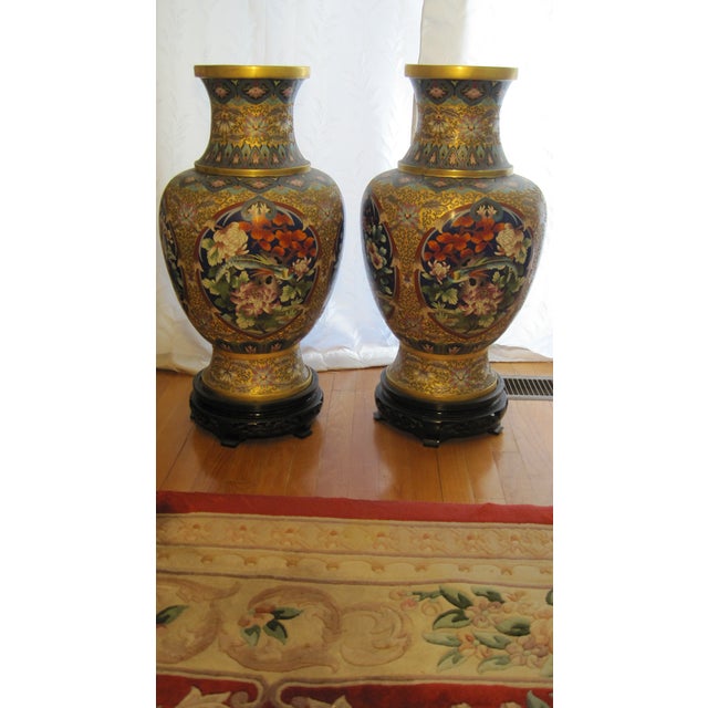 Matched Pair of Chinese Cloisonné Enamel Baluster Vases With Carved Black Hardwood Display Stands For Sale - Image 4 of 7