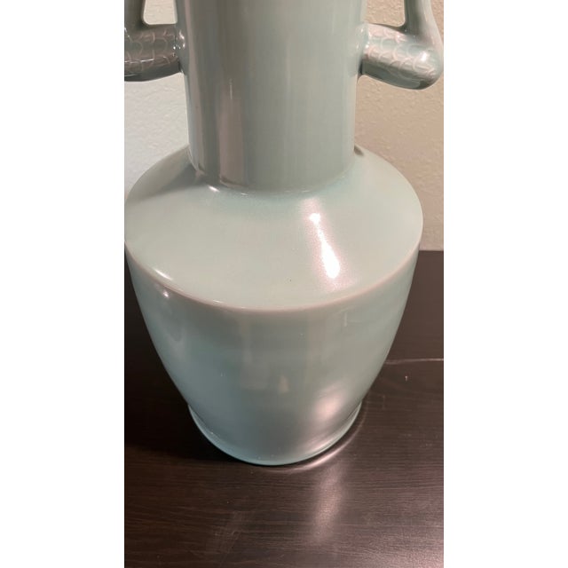 Mid 20th Century Large 18" Celadon Porcelain Vase With Dragon Handles - Heavy Decorative Vessel For Sale - Image 4 of 8
