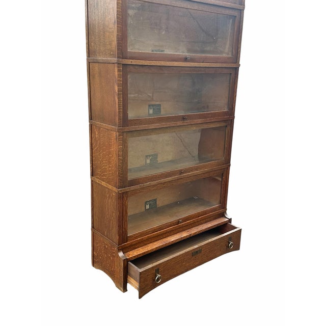 Arts & Crafts Pair of Antique Arts & Crafts Mission Oak Six Section Barrister Bookcases For Sale - Image 3 of 12