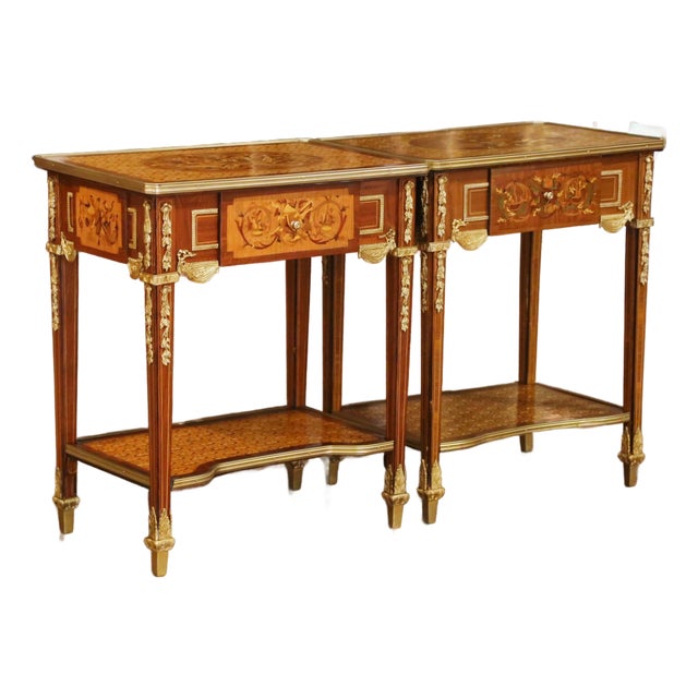 Near Pair of Mid-Century French Louis XVI Ormolu Marquetry Side Tables For Sale
