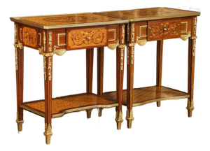 Near Pair of Mid-Century French Louis XVI Ormolu Marquetry Side Tables