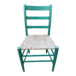 Antique Green Painted Rattan Chair Distressed Rustic Shabby Chic For Sale