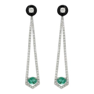 Mid 20th Century Inspired Emerald Diamond Earrings With Enamel in 14k Solid Gold- A Pair For Sale
