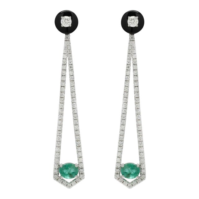 Mid 20th Century Inspired Emerald Diamond Earrings With Enamel in 14k Solid Gold- A Pair For Sale