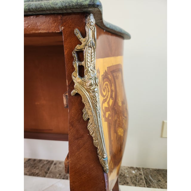 Bronze Elegant French Louis XV Style Rosewood Commode With Heavy Green Marble Top & Ormolu Mounts For Sale - Image 8 of 11