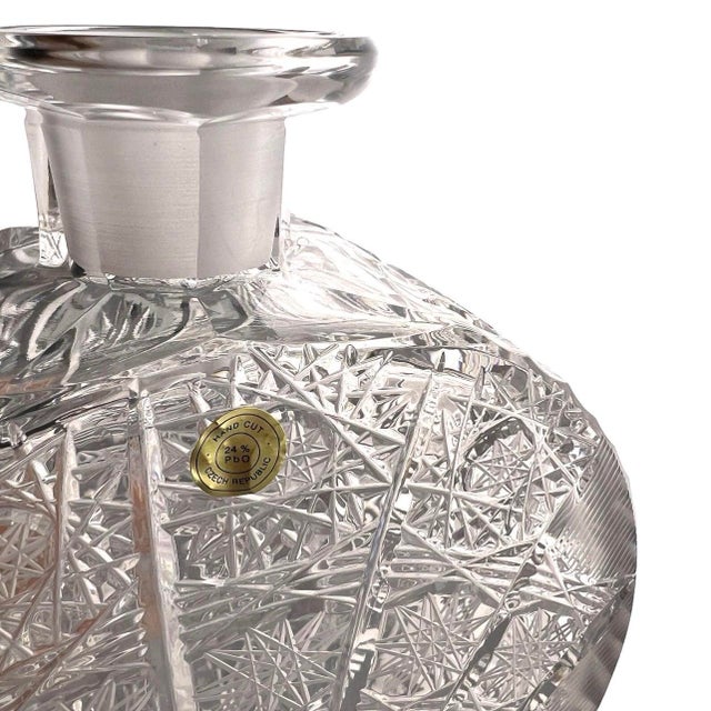 Hollywood Regency Bohemian Crystal Decanter, Banjo Bottle | Starburst Cut Glass, Czech Vintage Barware For Sale - Image 3 of 6