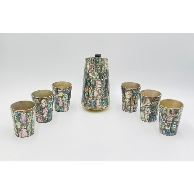 Emilia Castillo 1960s Mid-Century Mexican Modern Abalone Mosaic Brass Barware Set, - Pitcher & 6 Glasses For Sale - Image 4 of 18