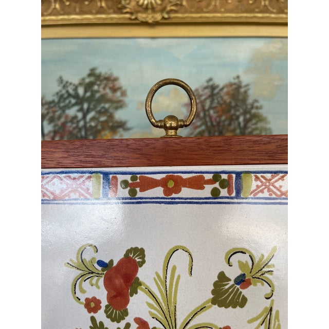 Red Vintage French Faience Style Ceramic Tile With Hand-Painted Floral Motif in Wood Frame. For Sale - Image 8 of 10