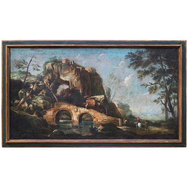 Italian School Artist, Landscape with Bridge and Characters, 1700s, Oil on Canvas For Sale - Image 15 of 15