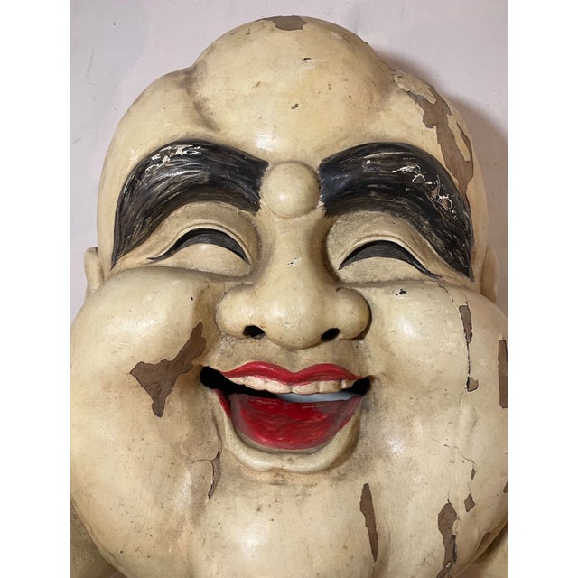 1930s Huge Rare Antique Hand Carved Wood Chinese Hotei God Mask Wall Sculpture Face For Sale - Image 5 of 10