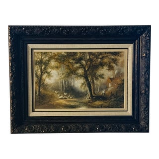 Warren Clarke Original 1989 Oil Painting Woodland Sheep Landscape in Ornate Frame For Sale