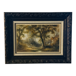 Warren Clarke Original 1989 Oil Painting Woodland Sheep Landscape in Ornate Frame