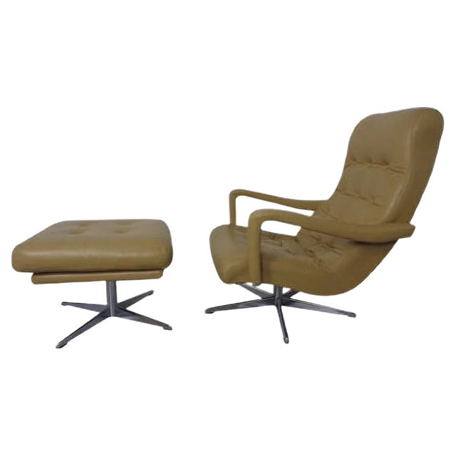 Set of Leather Swivel Easy Chair and Ottoman, 1970s For Sale