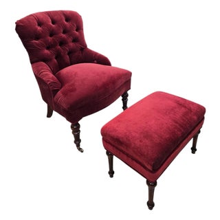 Late 19th Century French Napoleon III Button-Tufted Lounge Chair & Ottoman in Original Red Velvet For Sale