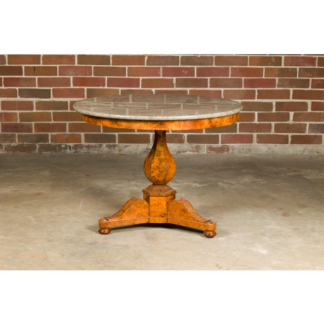 19th Century French Empire Walnut Pedestal Table with Round Marble Top and Tripod Base For Sale - Image 11 of 11