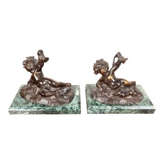 Pair of Belle Époque Style Bronze Bacchic Putti Sculptures and Bookends Green Marble For Sale