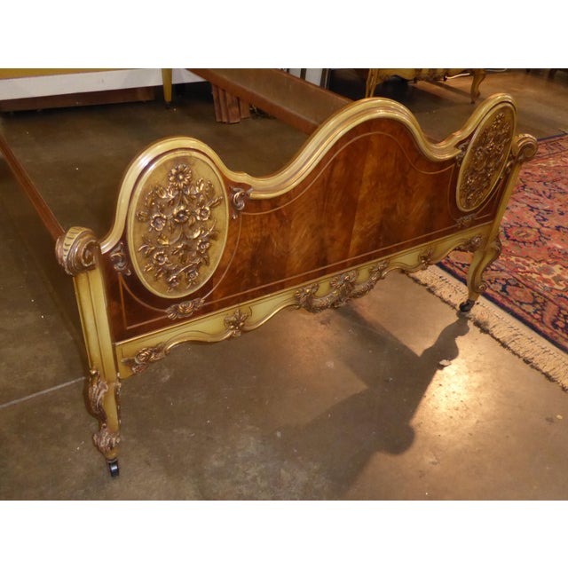 Vintage French Country Louis XVI Rococo Carved Gold Twin Headboards Bed