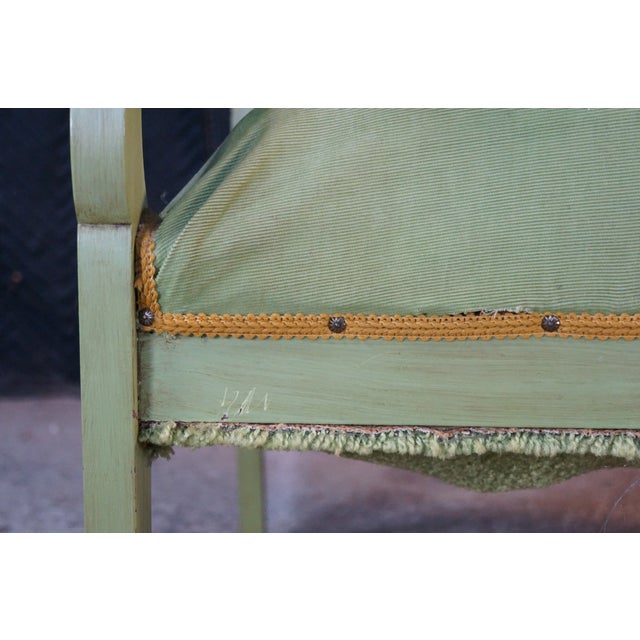 Wood Antique Victorian French Country Louis XV Style Green Painted Settee Bench For Sale - Image 7 of 18