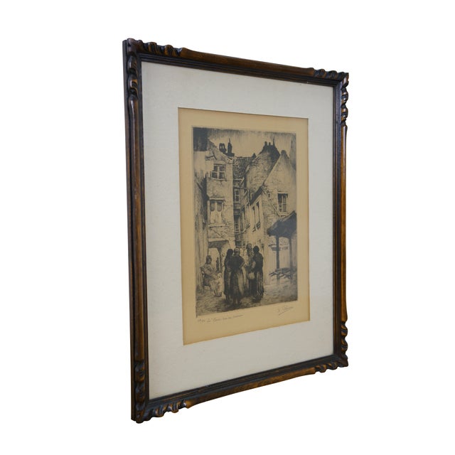 Rustic European Antique Belgian Kurt Peiser La Cour Rue Du Faucon Falcon Street Etching 17" For Sale - Image 3 of 11