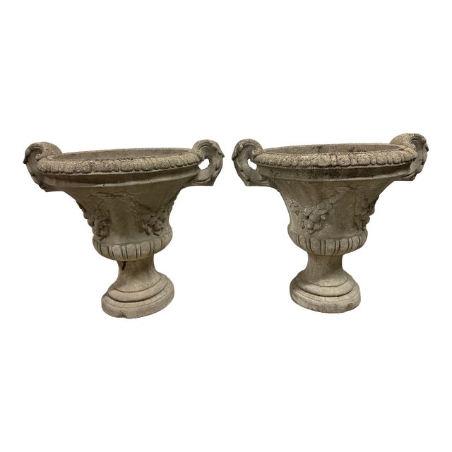 Pair of 19th Century French Concrete Jardineres With Neo Classical Reliefs For Sale