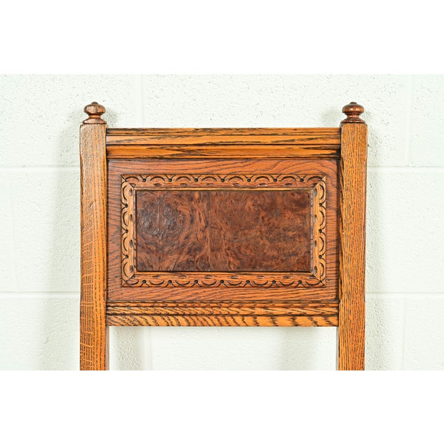 Early Romweber Antique English Jacobean Carved Oak and Burl Wood Dining Chairs, Set of Four For Sale In South Bend - Image 6 of 13