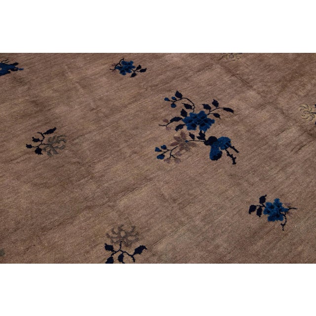 Art Deco Chinese Floral Designed Wool Rug Antique Handmade in Light Brown For Sale - Image 9 of 10