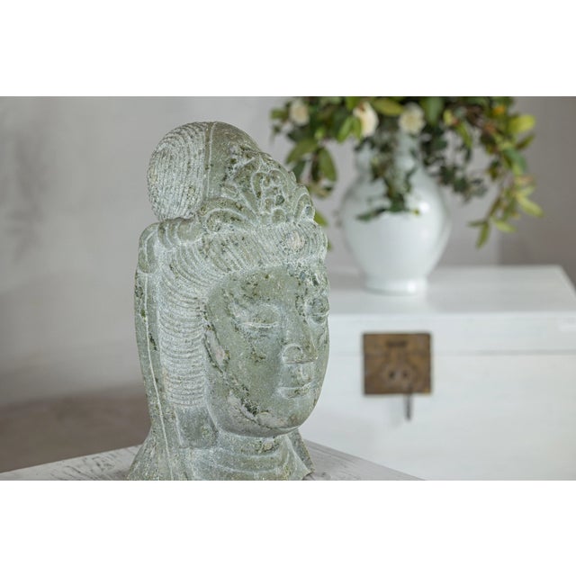 Figurative Hand-Carved Vintage Chinese Stone Quán Yīn Head Sculpture with Natural Patina For Sale - Image 3 of 12