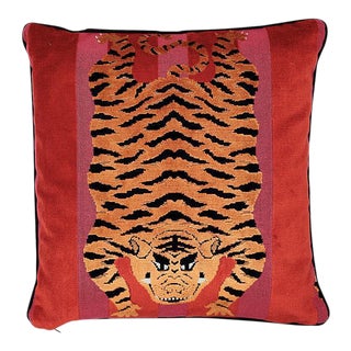 Schumacher X Johnson Hartig Jokhang Tiger Velvet 18" Pillow in Red & Pink For Sale
