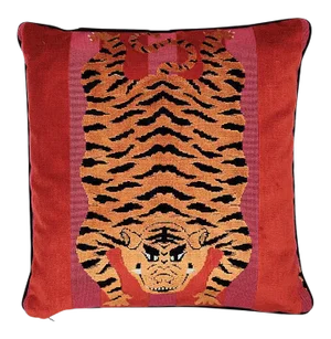 Schumacher X Johnson Hartig Jokhang Tiger Velvet 18" Pillow in Red & Pink