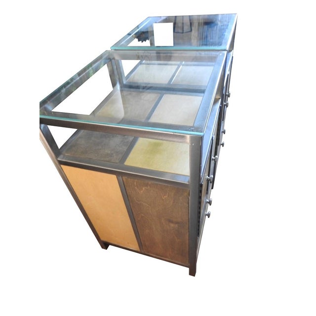 Wood Pair of Venezia Furniture Industrial Modern Steel & Stained Wood Nightstands / End Tables With Glass Tops For Sale - Image 7 of 16