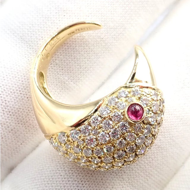 Vintage Tiffany & Co. Elsa Peretti Yellow Gold Diamond Ruby Bird Ring, Size 5 For Sale - Image 15 of 17