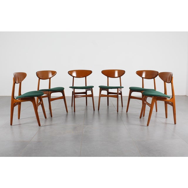 Mid-Century Scandinavian Wood and Green Fabric Chair, 1960s, Set of 6 For Sale - Image 3 of 16