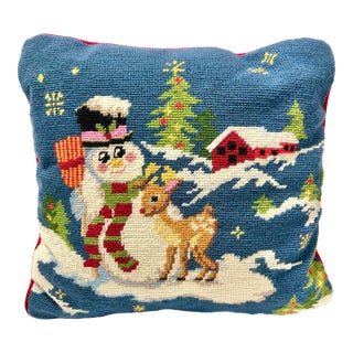 1990s Needlepoint Christmas Pillow Frosty Snowman & Reindeer Scene - Wool Embroidery, Red Velvet Back For Sale