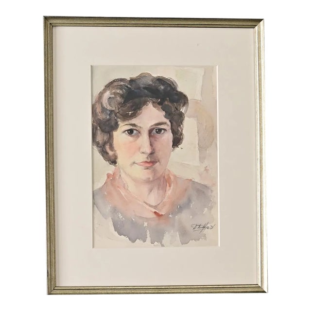 French Vintage Framed Watercolor Portrait of a Lady For Sale