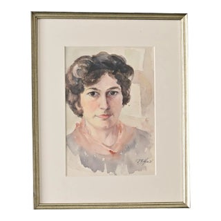 French Vintage Watercolor Portrait of a Lady For Sale