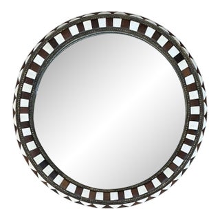 Vintage Moroccan Round Inlaid Wood Wall Mirror For Sale