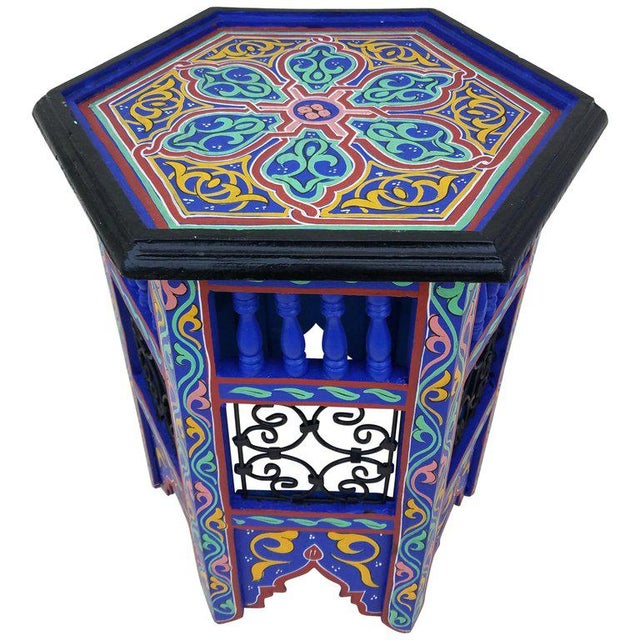 Moroccan Hexagonal Hand Painted Wooden End Table For Sale In Orlando - Image 6 of 6