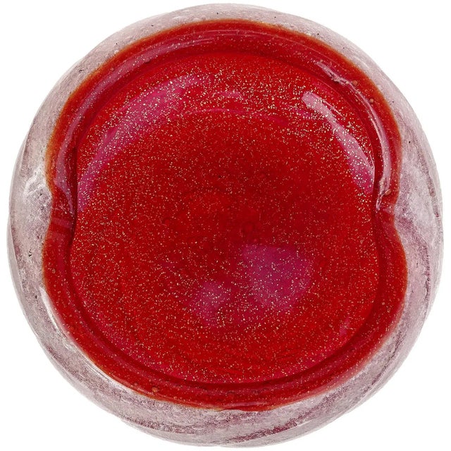 Art Deco Vintage Murano Seguso Vetri d'Arte Red Gold Flecks Pulegoso Technique Italian Art Glass Ashtray Bowl For Sale - Image 3 of 8