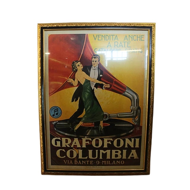 Art Deco Vintage Italian Columbia Gramophone Advertising Poster in Ornate Gold Frame For Sale - Image 3 of 9