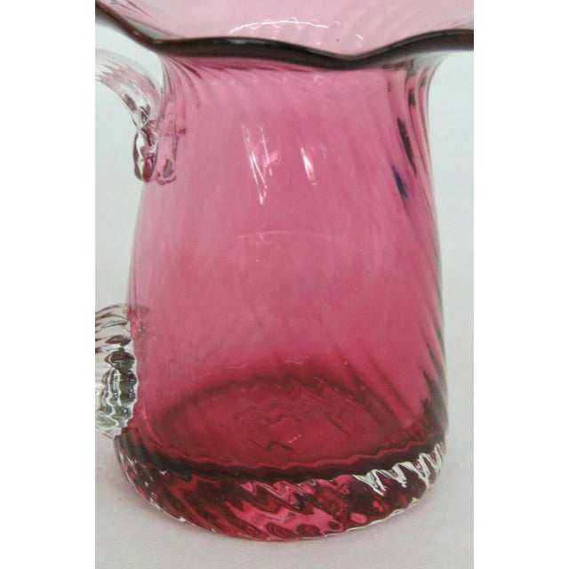Pilgrim Style Cranberry Glass Ruffled Rim Small Pitcher Vase Clear Handle For Sale - Image 9 of 11
